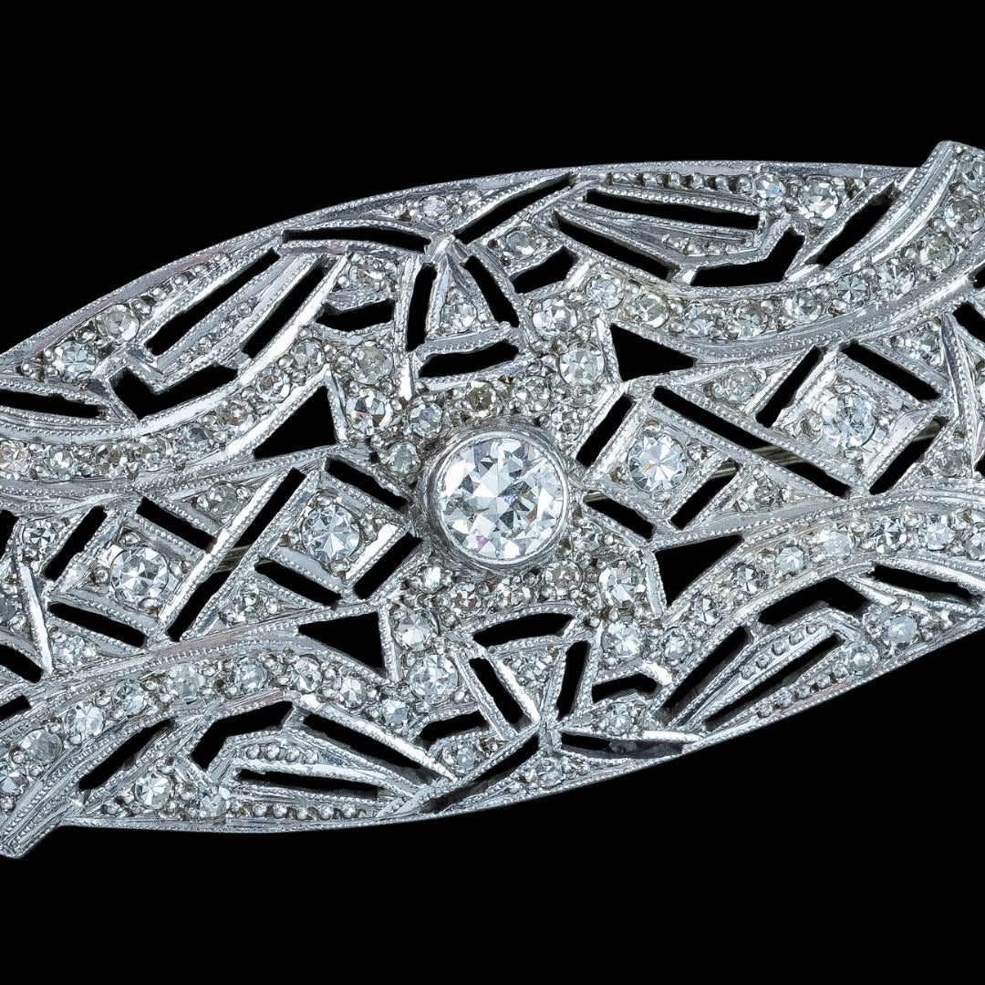 Antique Art Deco Diamond Brooch Platinum 1.9ct Total 