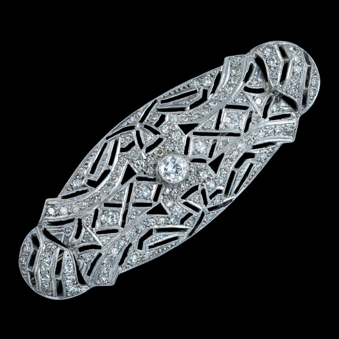 Antique Art Deco Diamond Brooch Platinum 1.9ct Total 