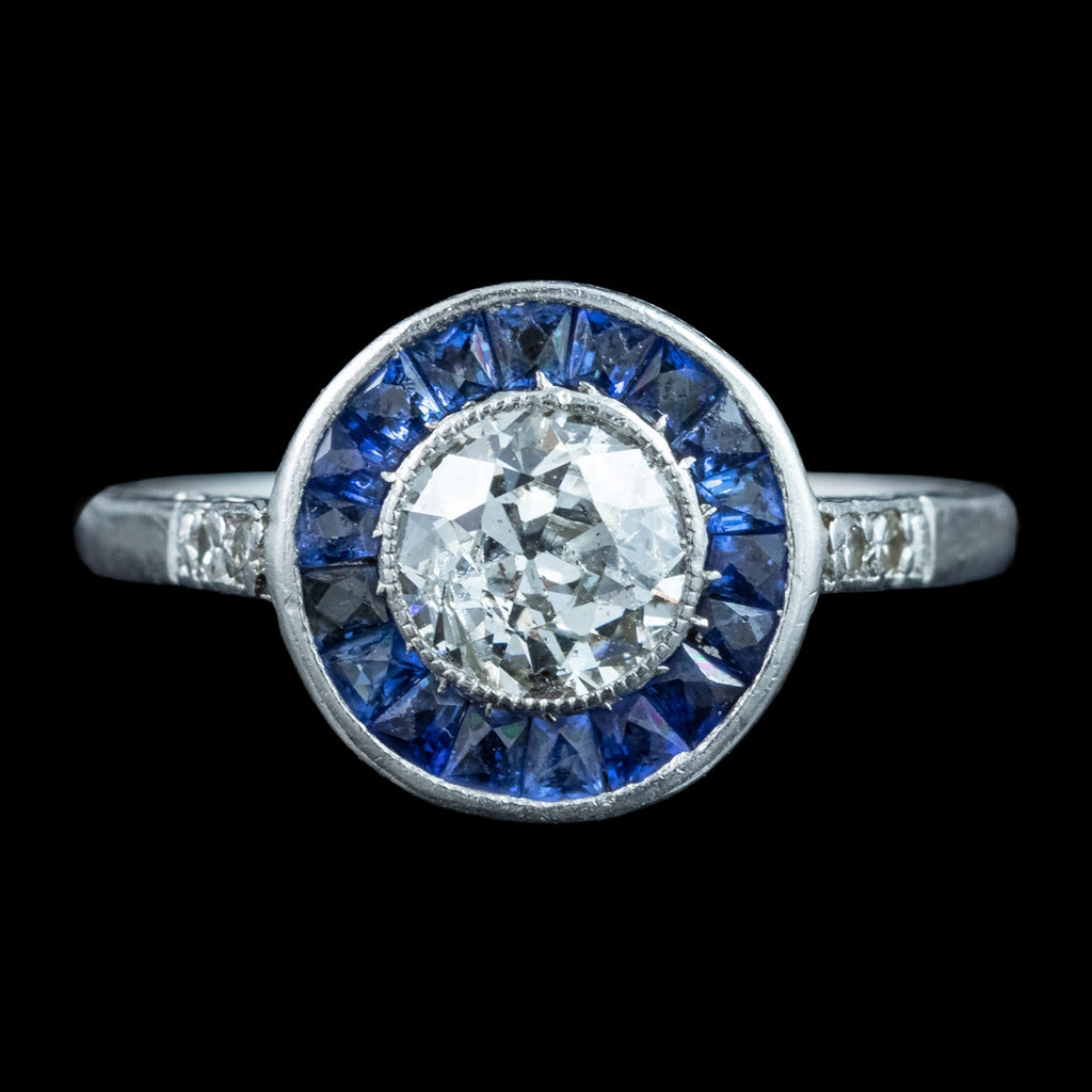 Antique Art Deco Diamond Sapphire Target Cluster Ring 0.70ct Diamond