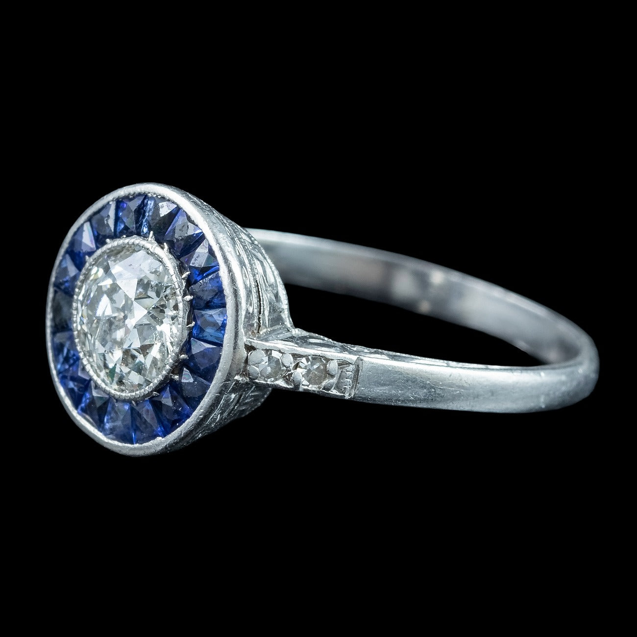 Antique Art Deco Diamond Sapphire Target Cluster Ring 0.70ct Diamond