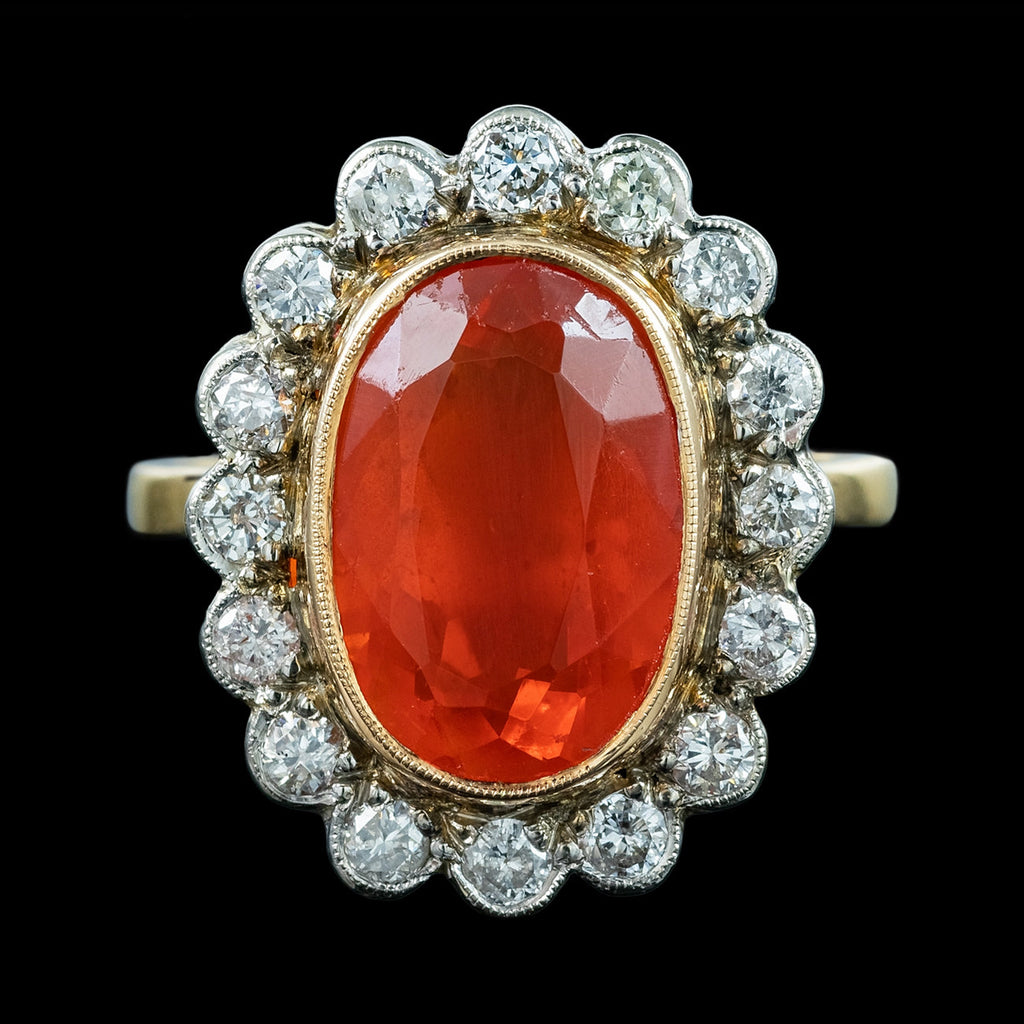 Antique Edwardian Fire Opal Diamond Cluster Ring 3.4ct Opal