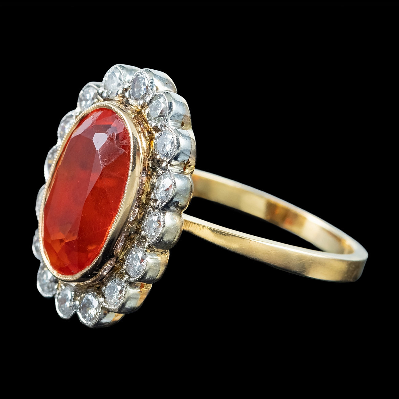 Antique Edwardian Fire Opal Diamond Cluster Ring 3.4ct Opal