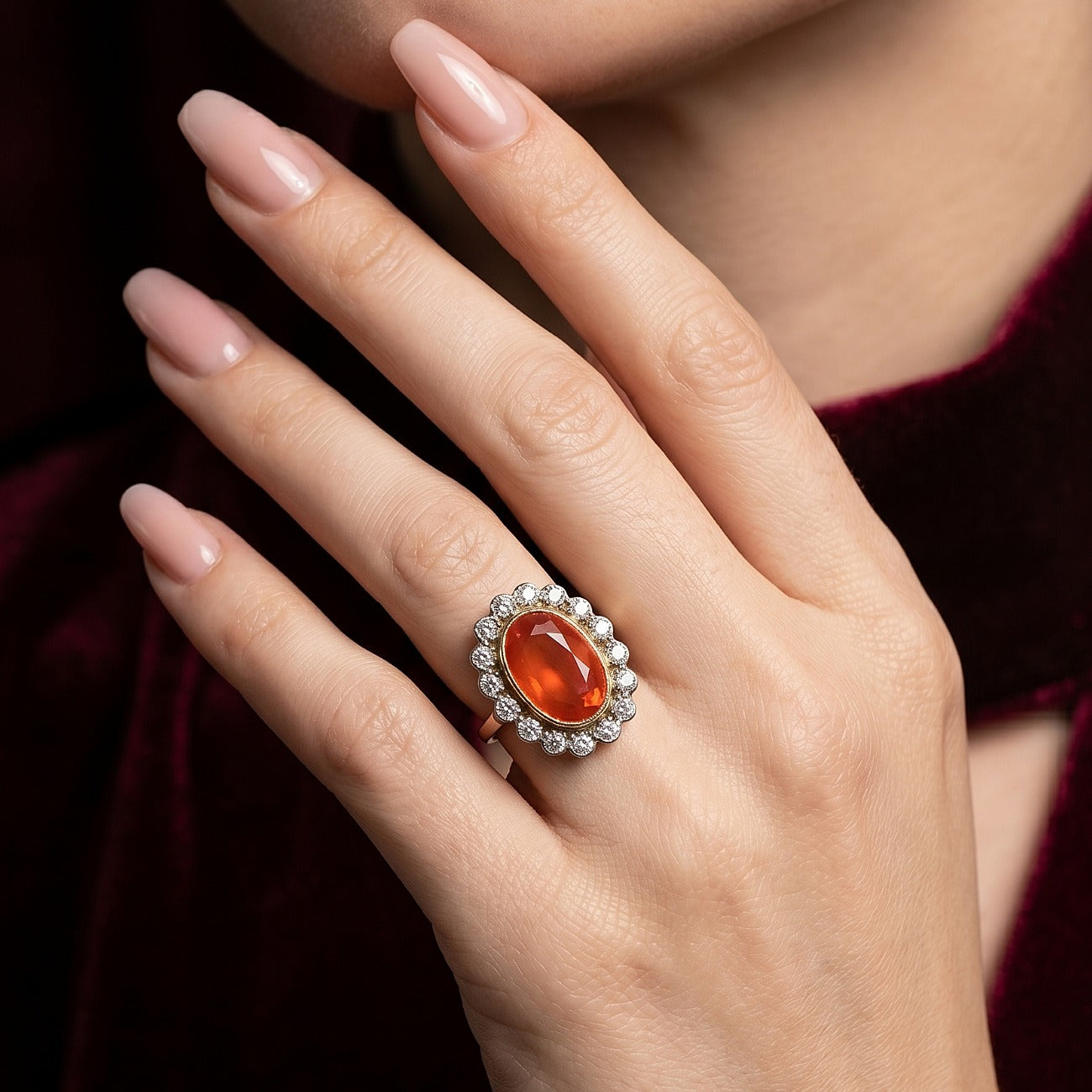 Antique Edwardian Fire Opal Diamond Cluster Ring 3.4ct Opal Secondary image