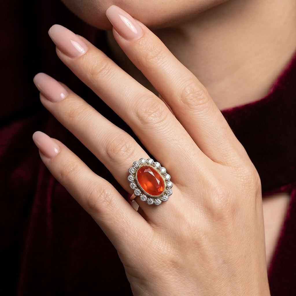 Antique Edwardian Fire Opal Diamond Cluster Ring 3.4ct Opal