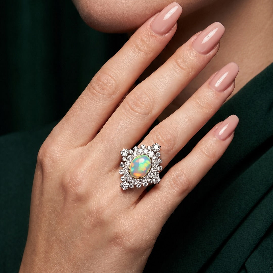 Vintage Opal Diamond Cluster Cocktail Ring 2.5ct Natural Jelly Opal Secondary image