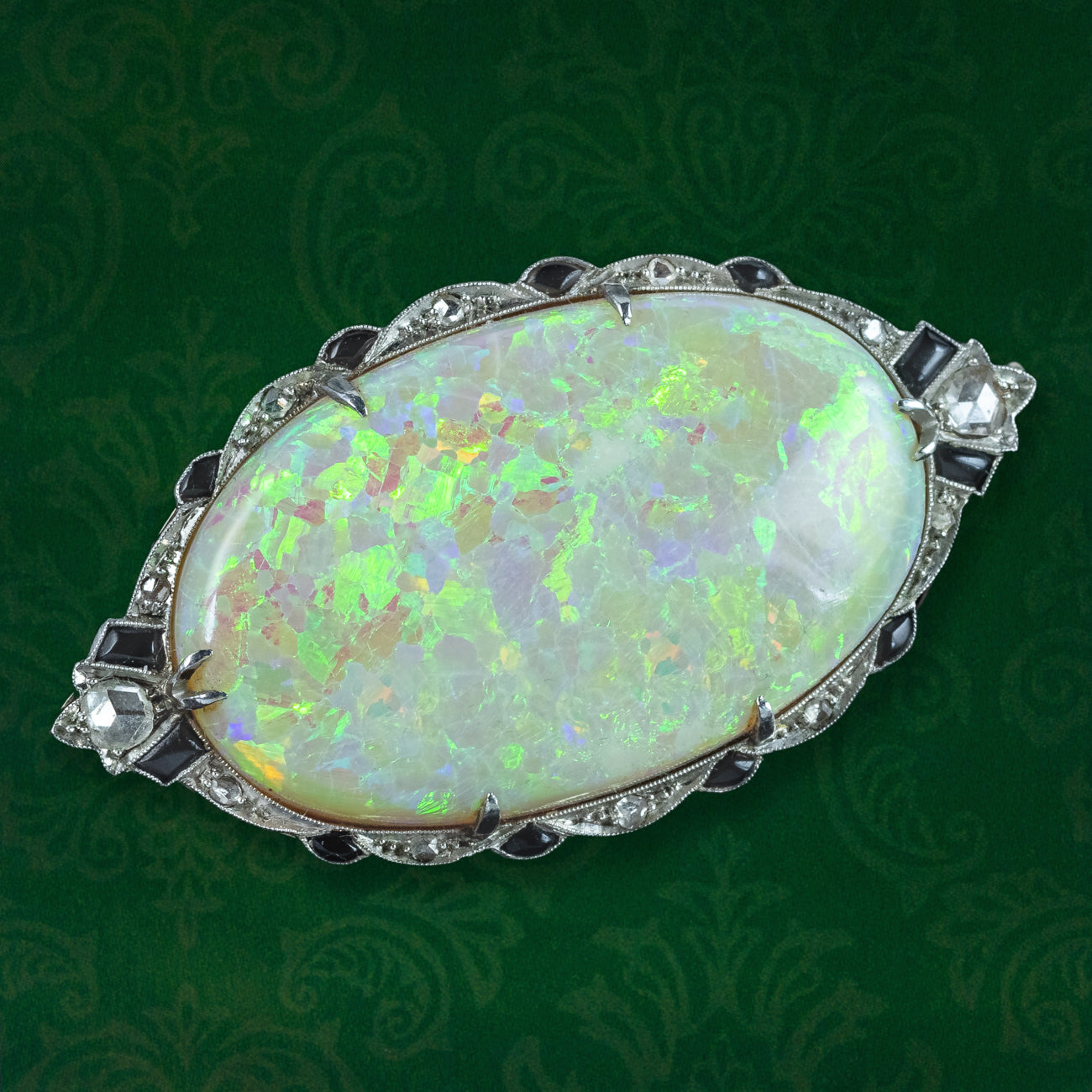 Antique Art Deco Opal Diamond Onyx Brooch 18ct Gold With Box 
