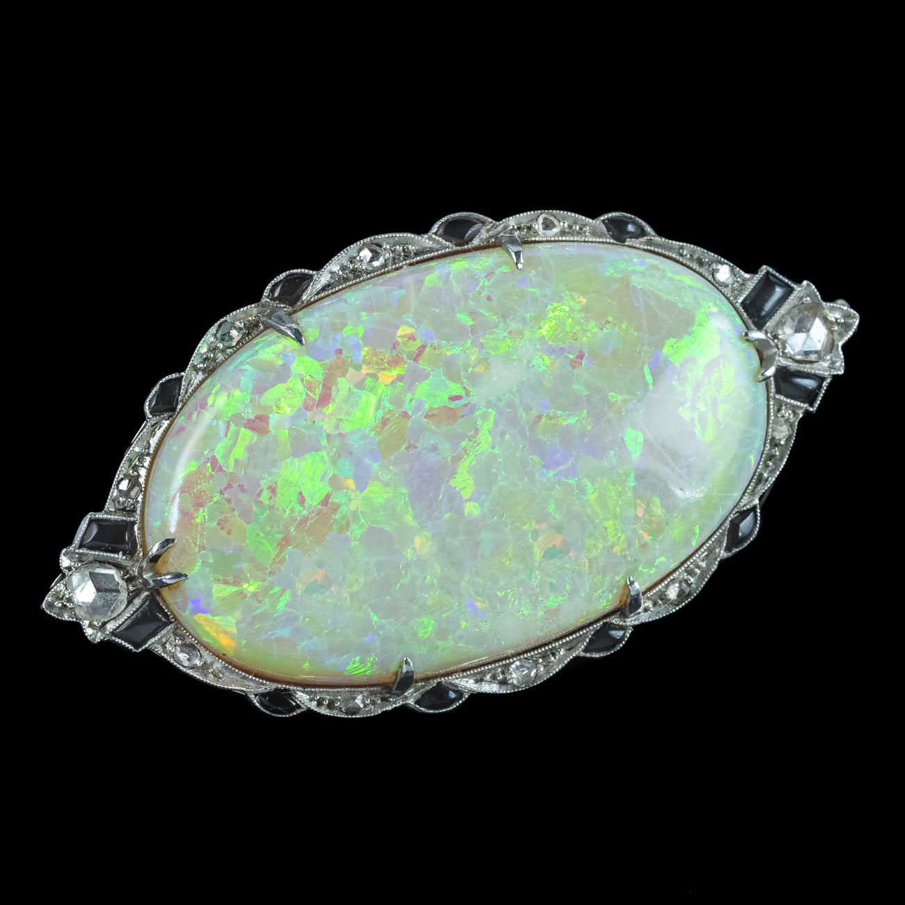 Antique Art Deco Opal Diamond Onyx Brooch 18ct Gold With Box Secondary image