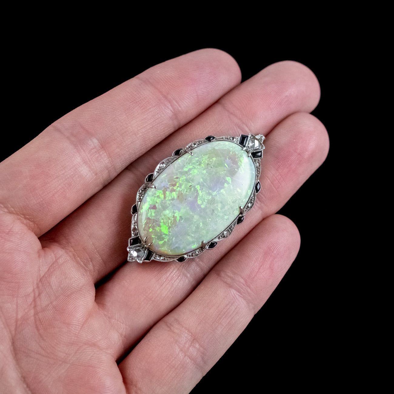 Antique Art Deco Opal Diamond Onyx Brooch 18ct Gold With Box 
