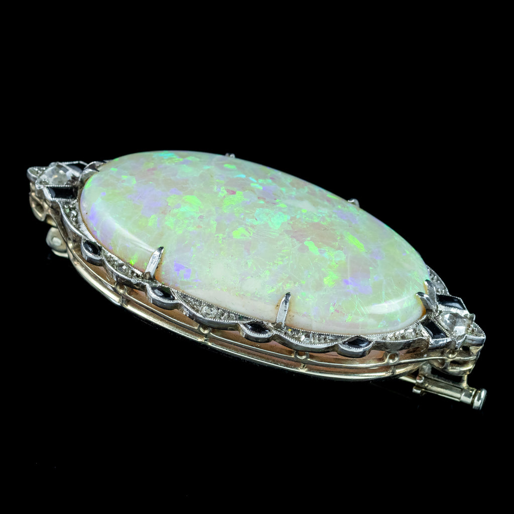Antique Art Deco Opal Diamond Onyx Brooch 18ct Gold With Box 