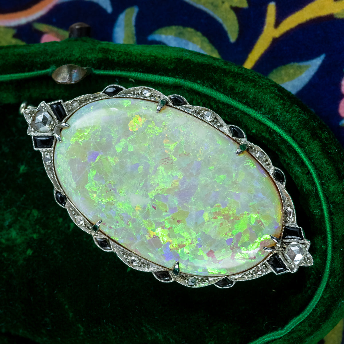 Antique Art Deco Opal Diamond Onyx Brooch 18ct Gold With Box 