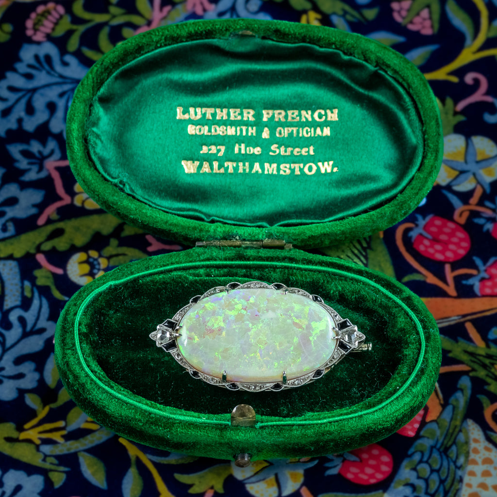 Antique Art Deco Opal Diamond Onyx Brooch 18ct Gold With Box 