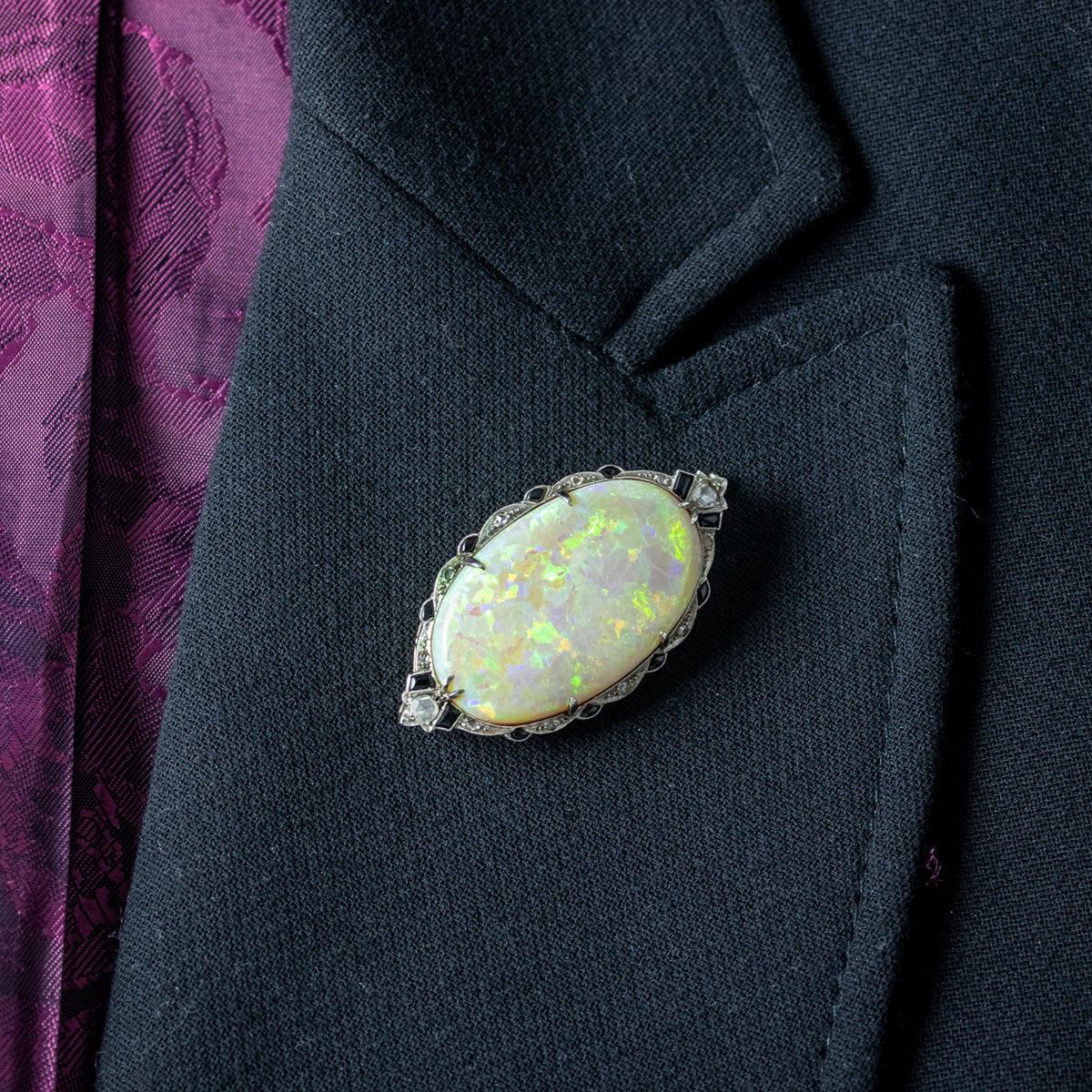Antique Art Deco Opal Diamond Onyx Brooch 18ct Gold With Box 