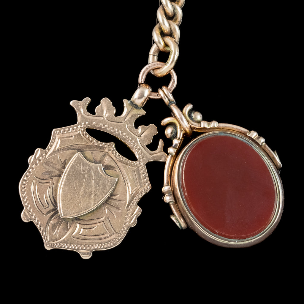 Antique Edwardian Albert Chain 9ct Gold With Medallion And Swivel Fob 