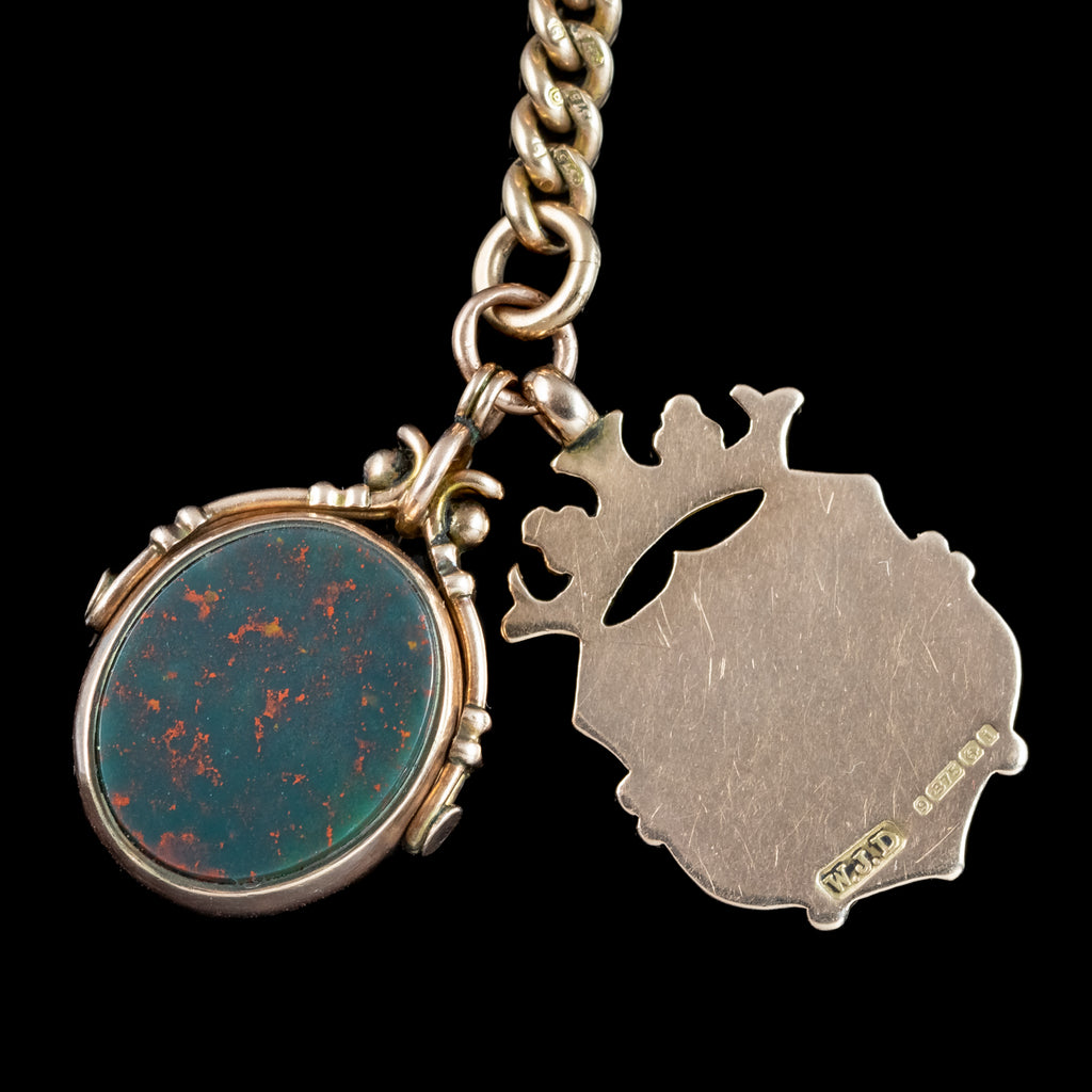 Antique Edwardian Albert Chain 9ct Gold With Medallion And Swivel Fob 