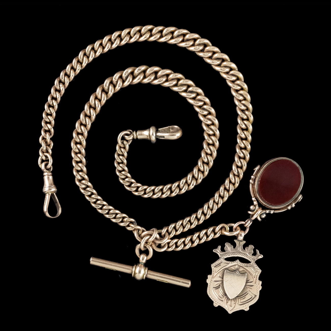 Antique Edwardian Albert Chain 9ct Gold With Medallion And Swivel Fob Secondary image
