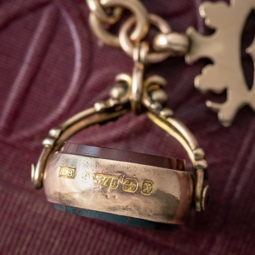 Antique Edwardian Albert Chain 9ct Gold With Medallion And Swivel Fob 