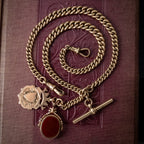 Antique Edwardian Albert Chain 9ct Gold With Medallion And Swivel Fob 