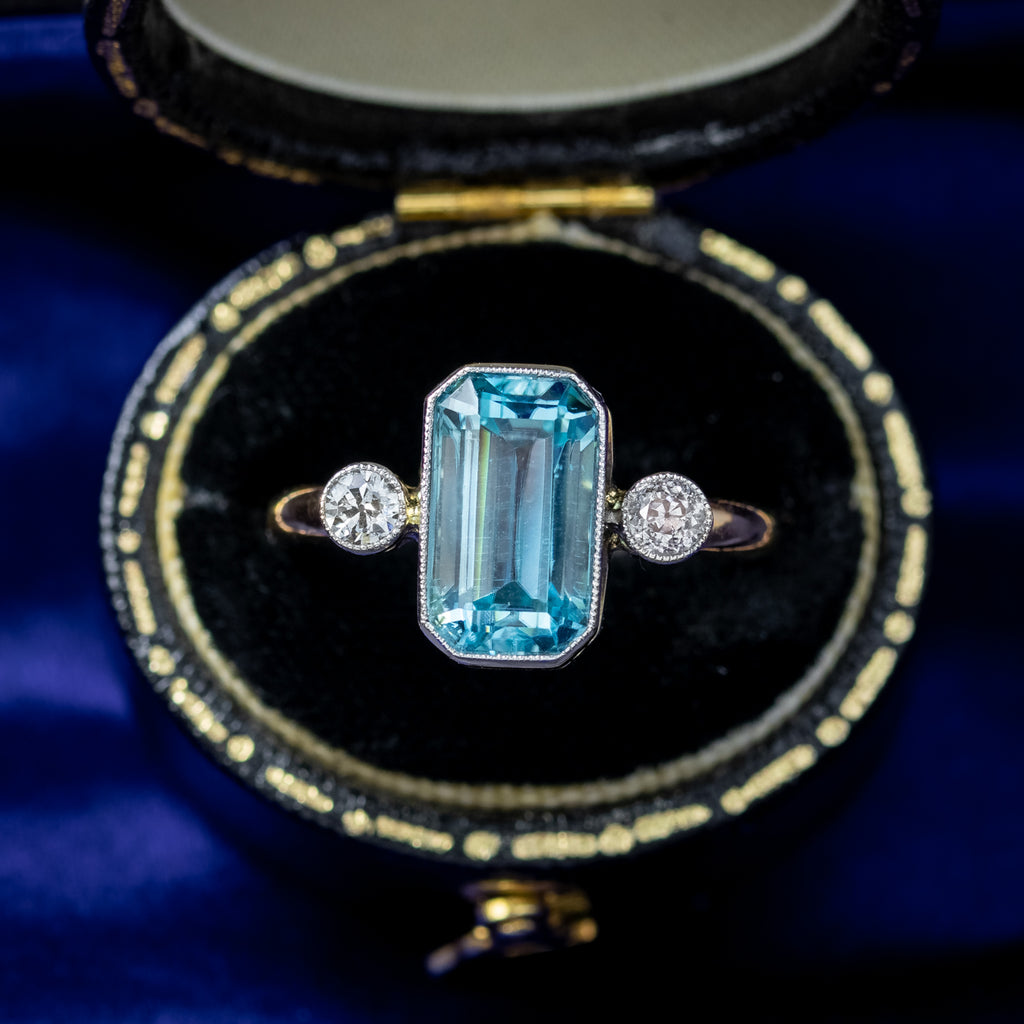 Antique Edwardian Aquamarine Diamond Trilogy Ring 3ct Aqua 