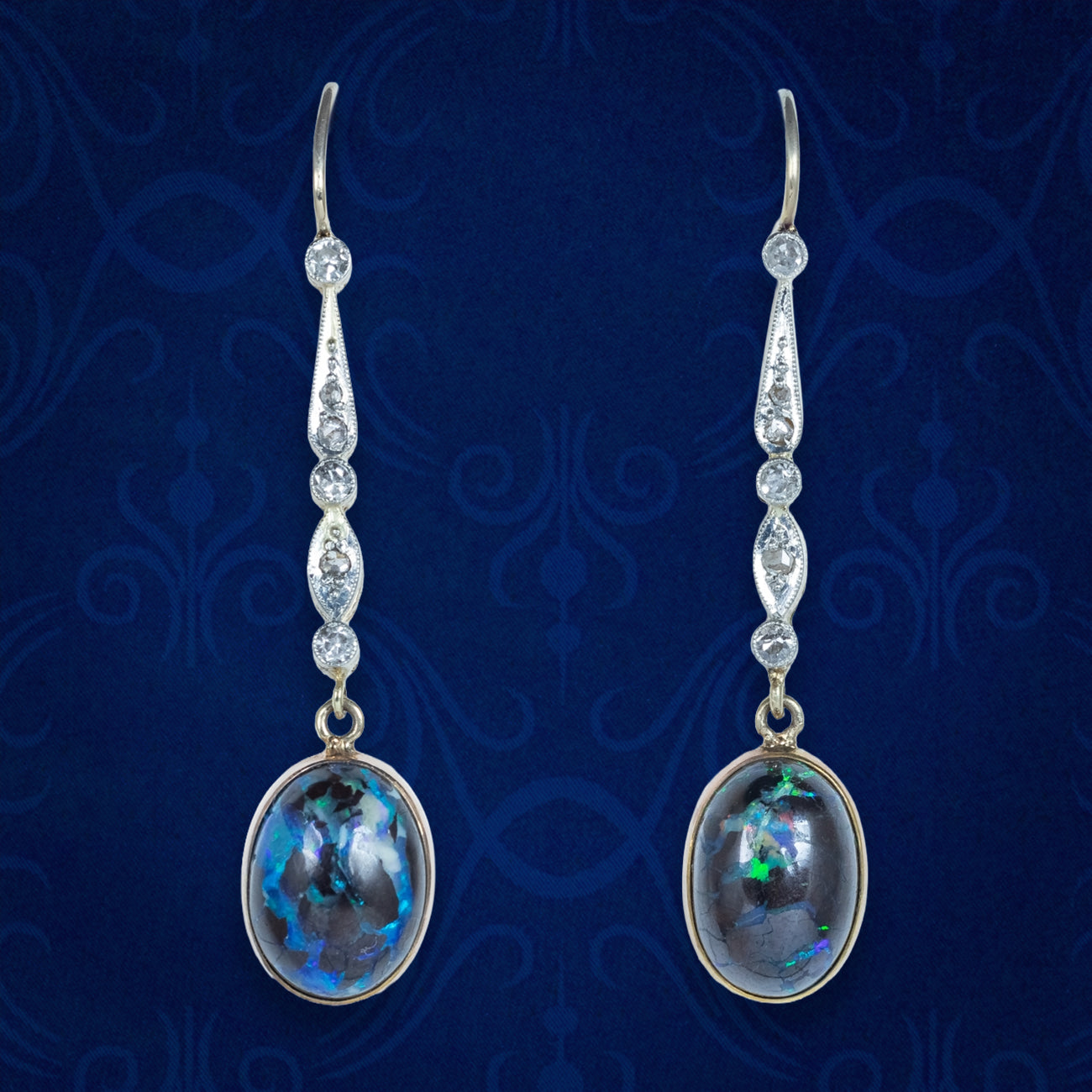 Antique Edwardian Black Opal Diamond Drop Earrings Platinum 18ct Gold Main image