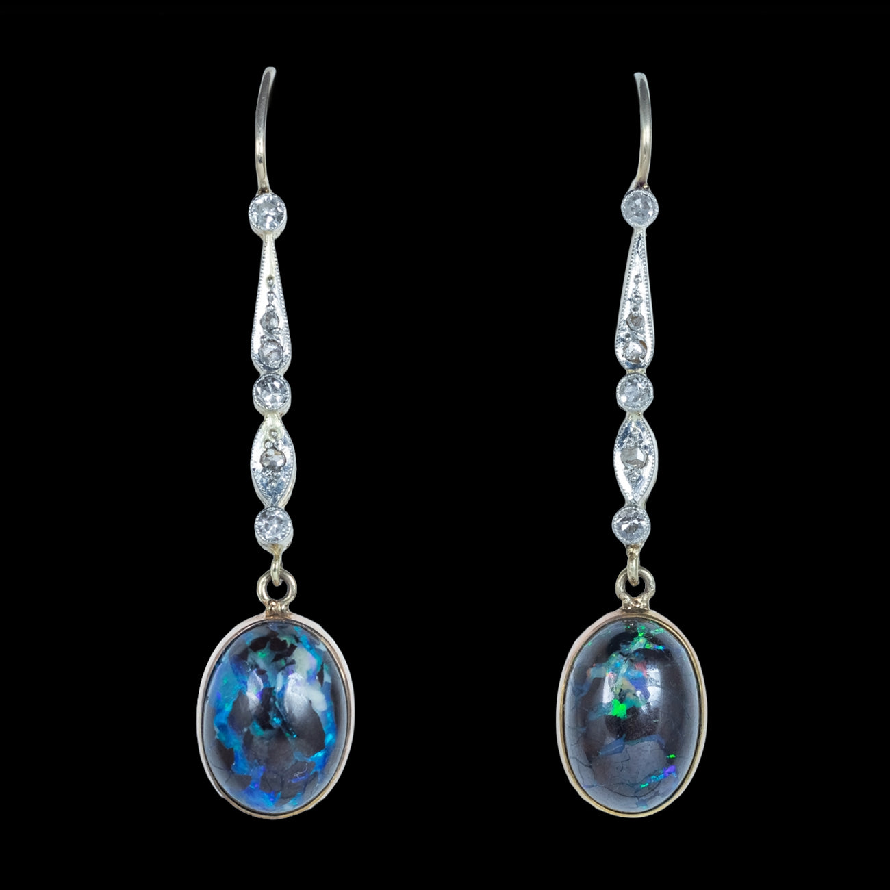 Antique Edwardian Black Opal Diamond Drop Earrings Platinum 18ct Gold Secondary image