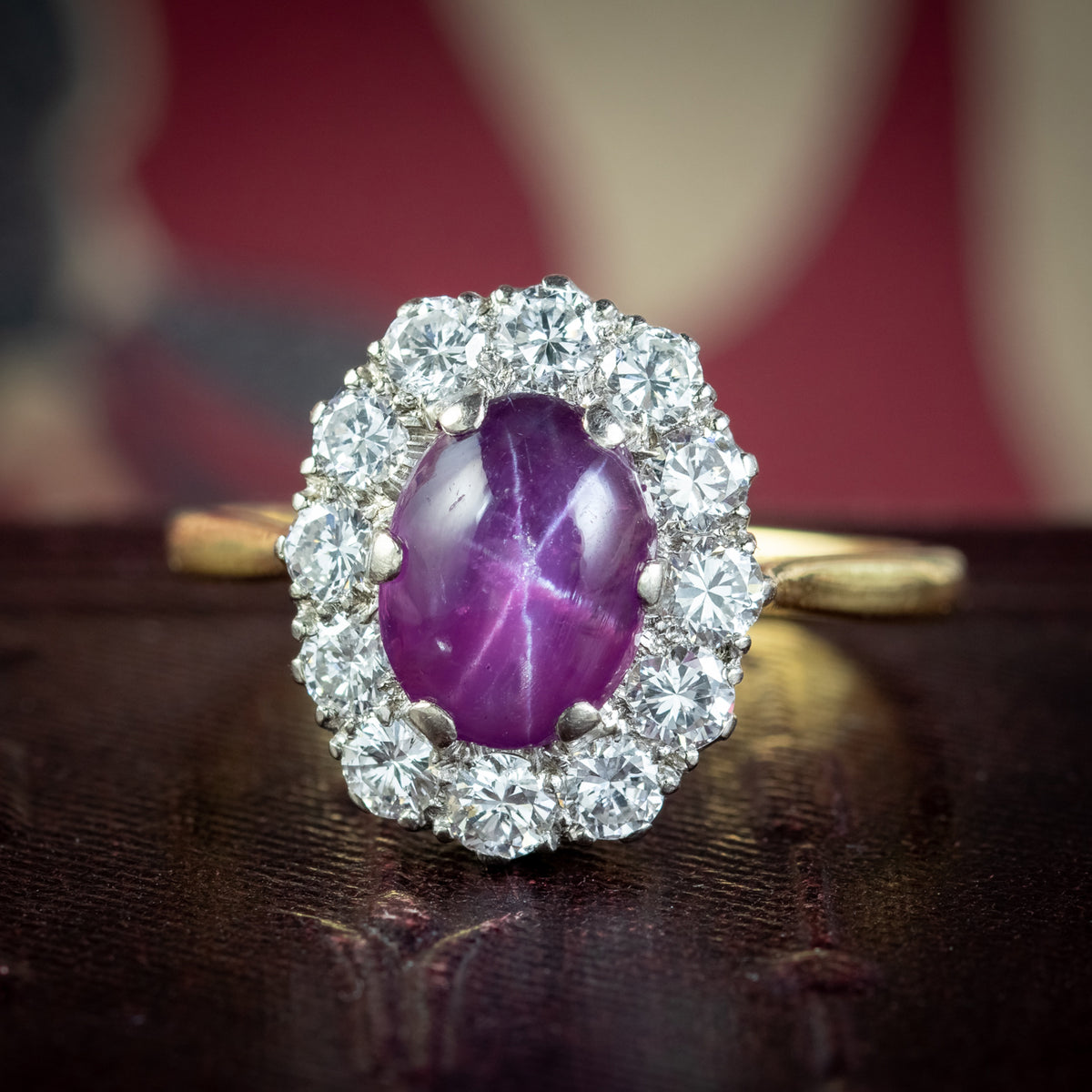 Antique Edwardian Star Ruby Diamond Ring 1.8ct Cabochon Ruby