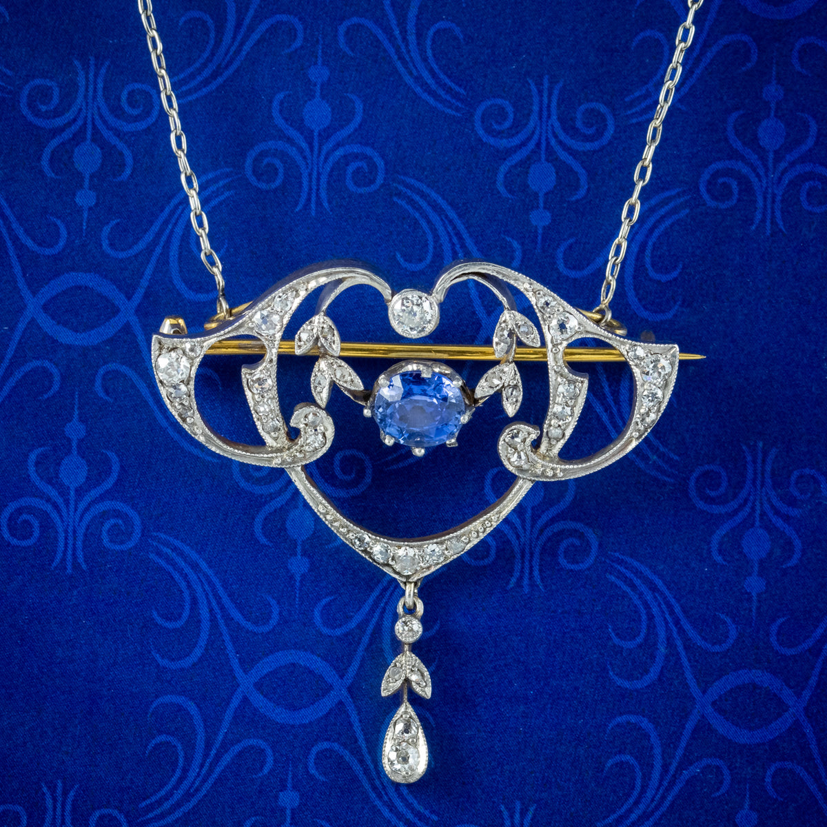 Antique Edwardian Ceylon Sapphire Diamond Lavaliere Pendant Necklace With Cert Main image