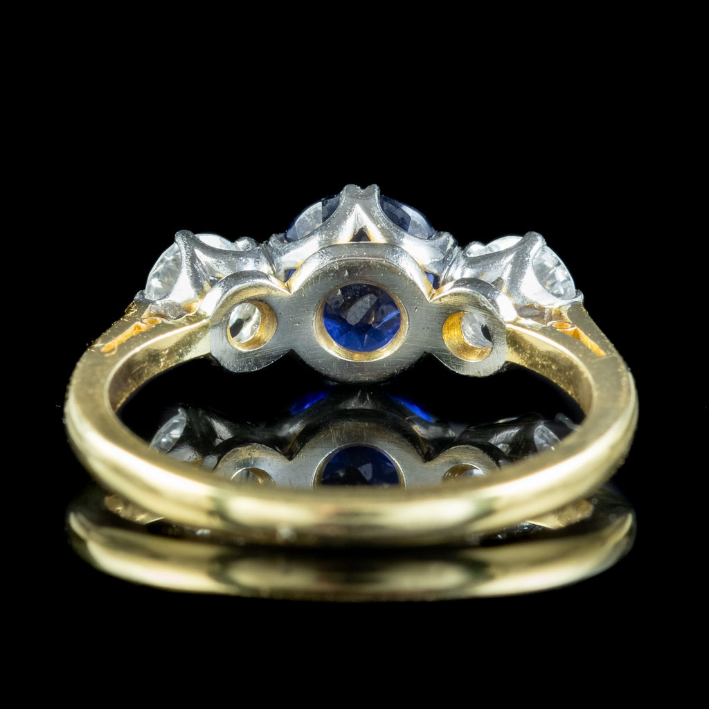 Antique Edwardian Ceylon Sapphire Diamond Trilogy Ring 1.51ct Sapphire With Certs