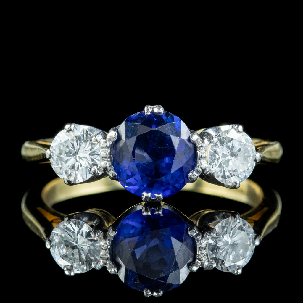 Antique Edwardian Ceylon Sapphire Diamond Trilogy Ring 1.51ct Sapphire With Certs