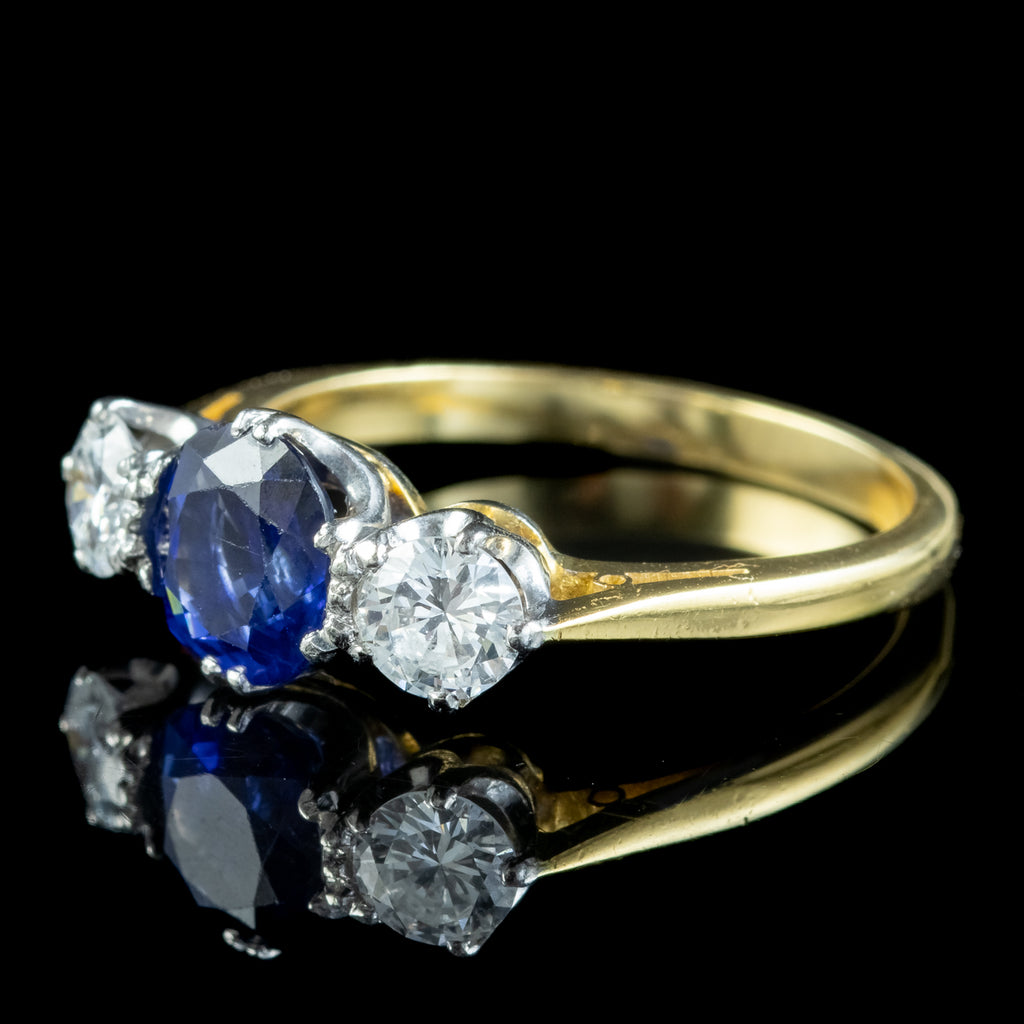 Antique Edwardian Ceylon Sapphire Diamond Trilogy Ring 1.51ct Sapphire With Certs