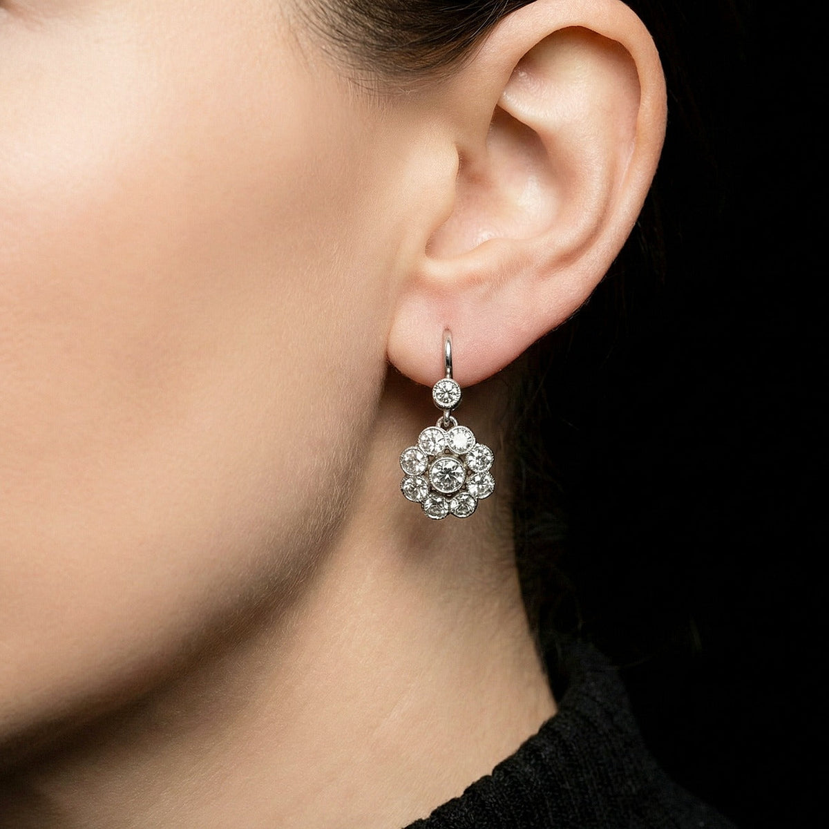 Antique Edwardian Diamond Earrings 1.84ct Daisy Cluster