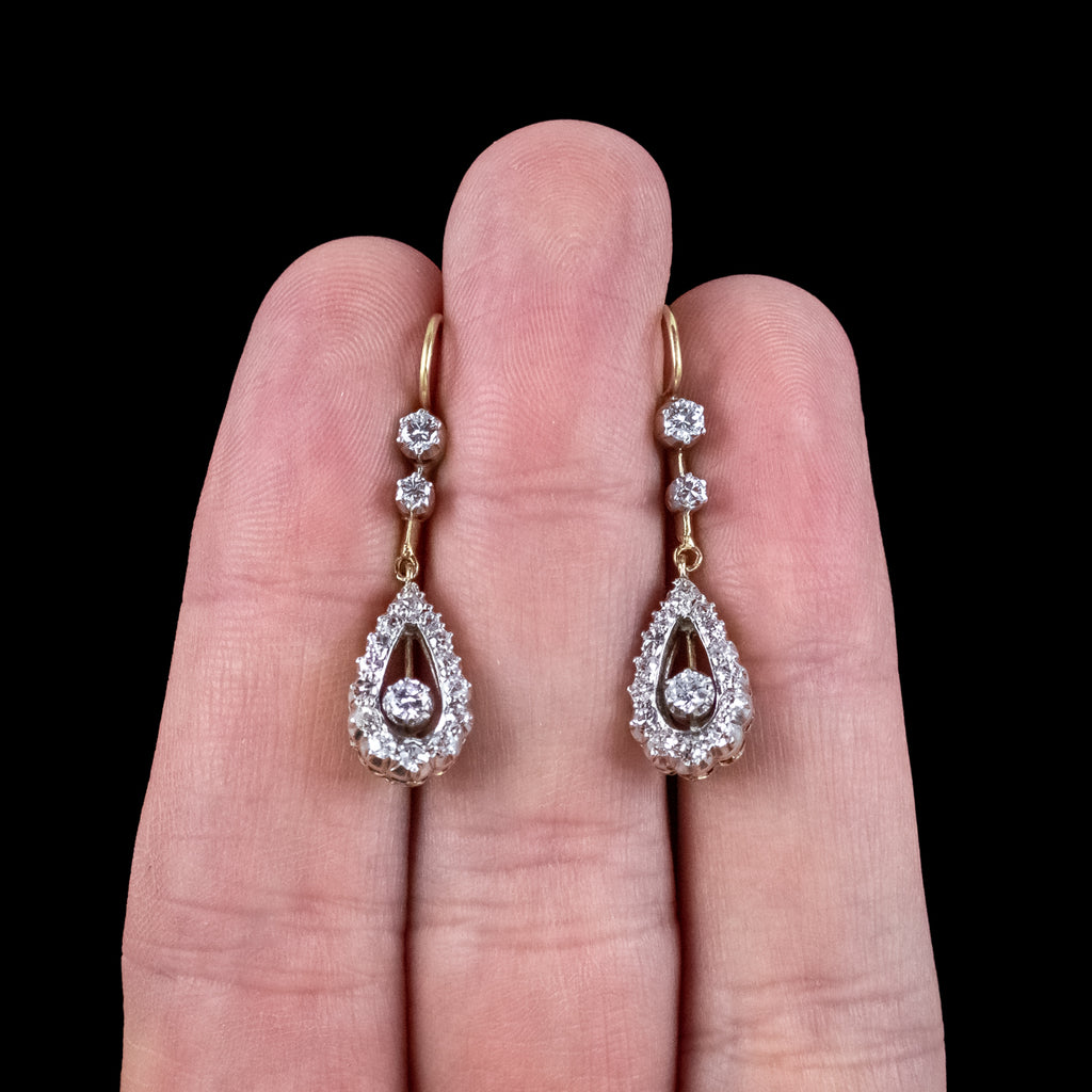 Antique Edwardian Diamond Drop Earrings 18ct Gold 1ct Total