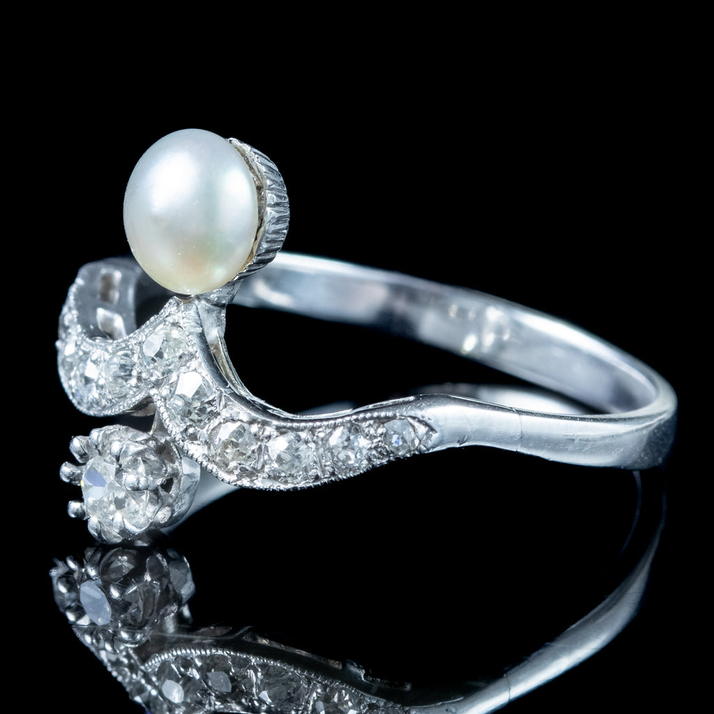 Antique Edwardian Diamond Pearl Toi Et Moi Tiara Ring 0.50ct Total 