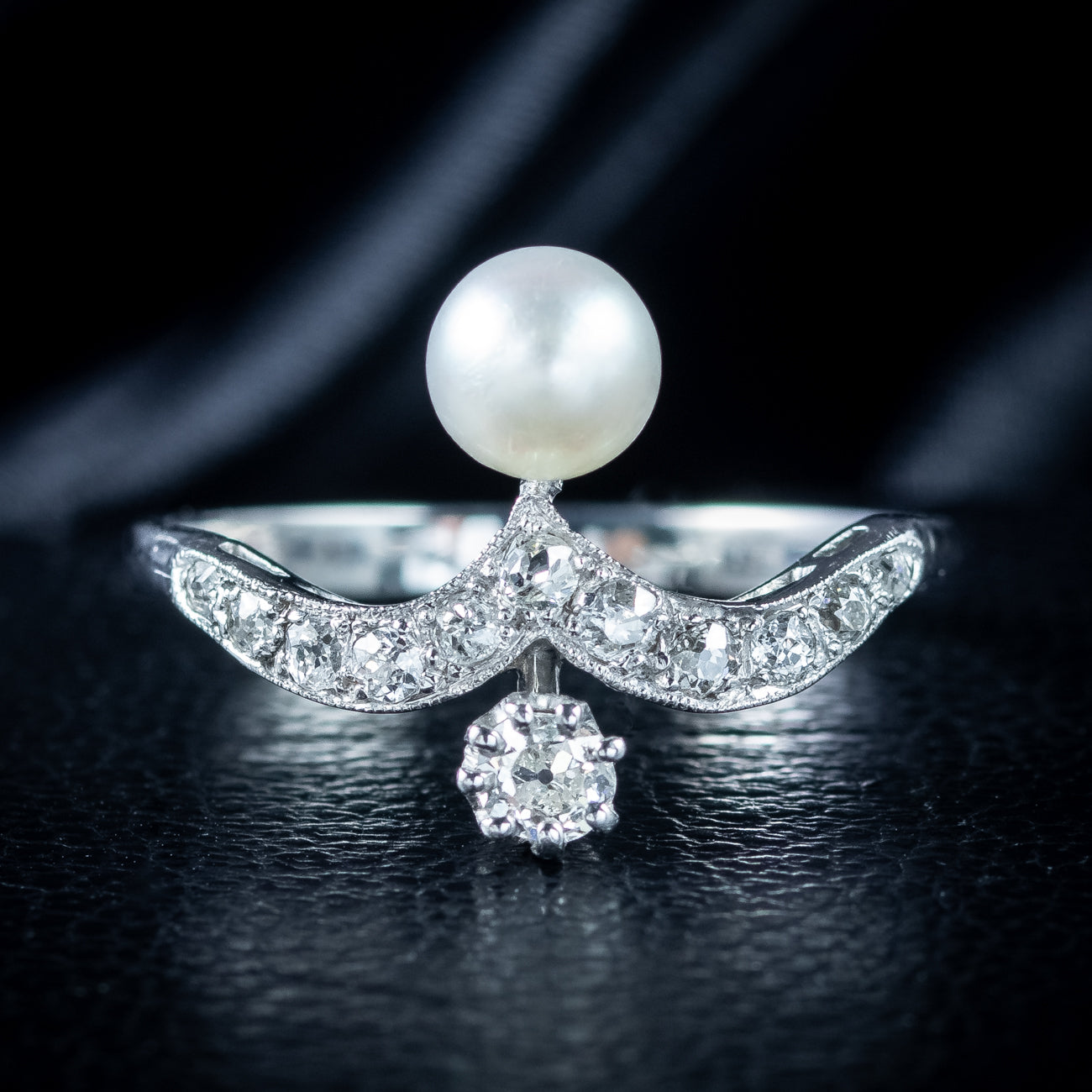 Antique Edwardian Diamond Pearl Toi Et Moi Tiara Ring 0.50ct Total Secondary image