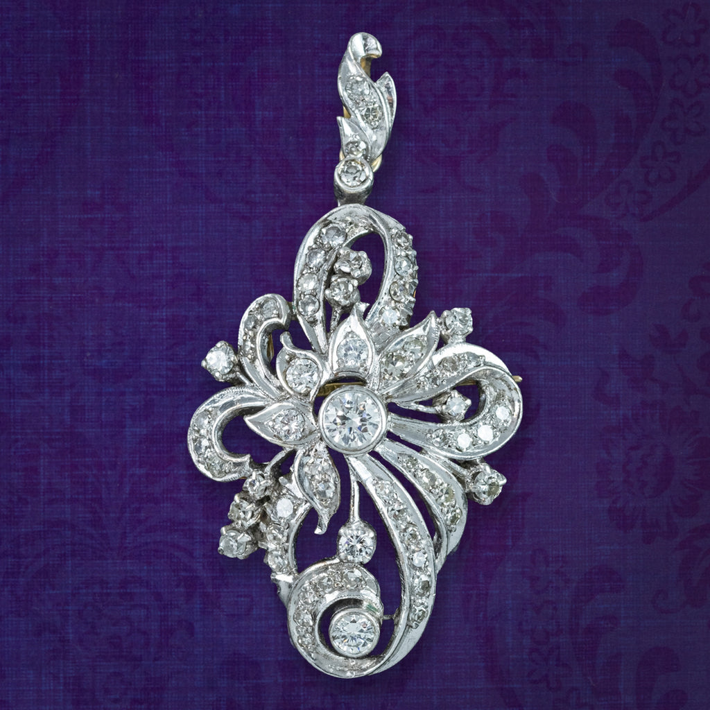Antique Edwardian Diamond Pendant Brooch 18ct Gold Platinum 1.4ct Diamond