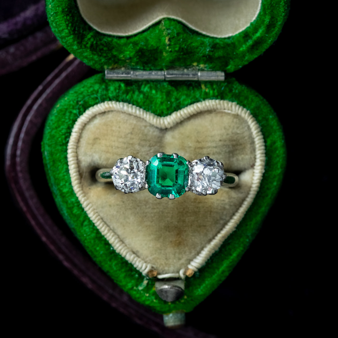 Antique Edwardian Emerald Diamond Trilogy Ring 0.75ct Colombian Emerald With Cert Secondary image