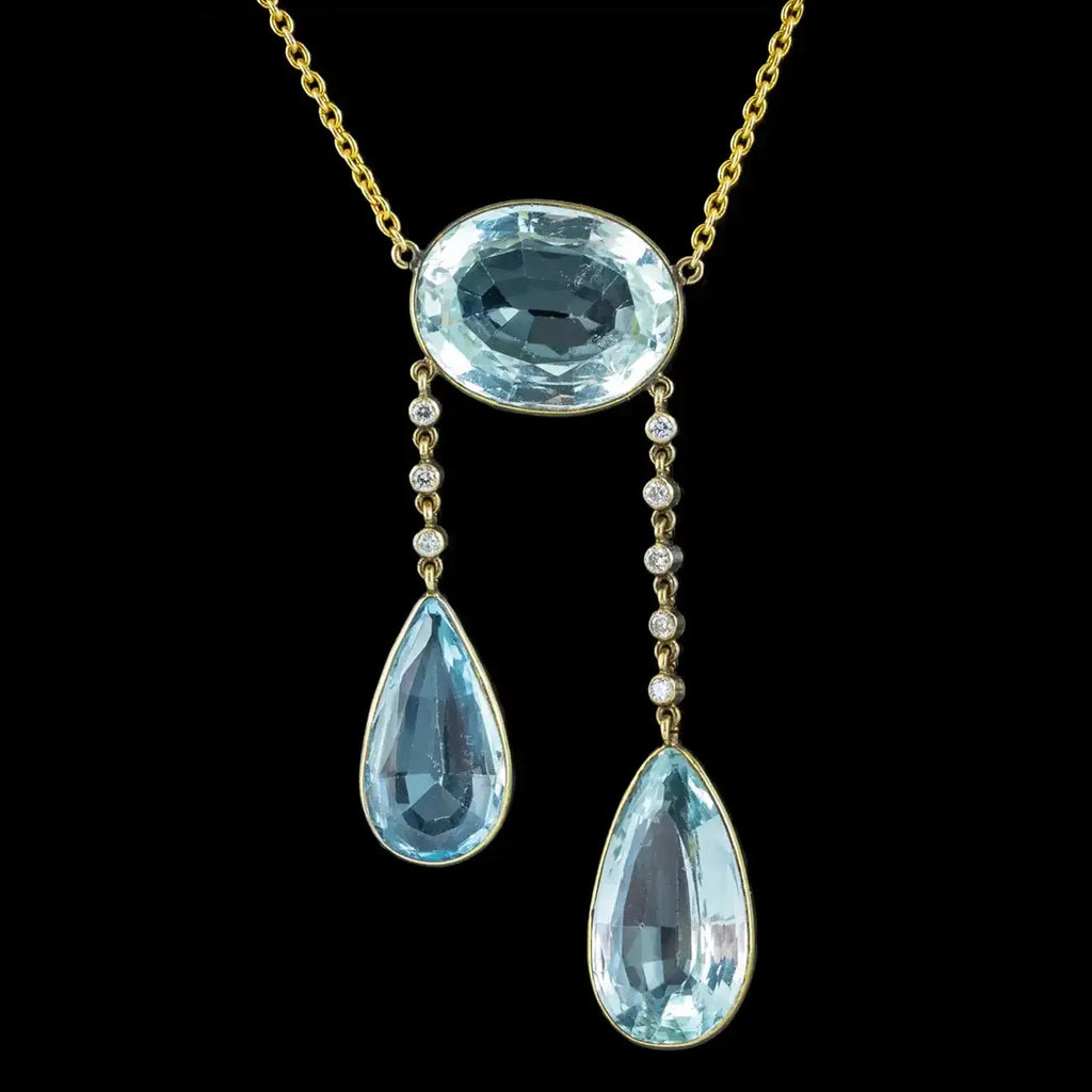 Antique Edwardian French Aquamarine Diamond Negligee Necklace 18ct Gold With Box