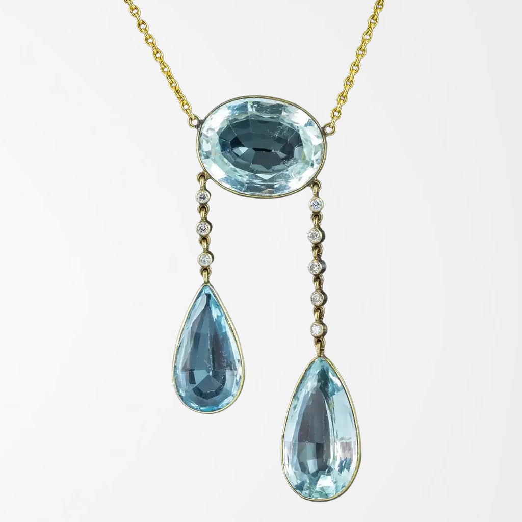Antique Edwardian French Aquamarine Diamond Negligee Necklace 18ct Gold With Box