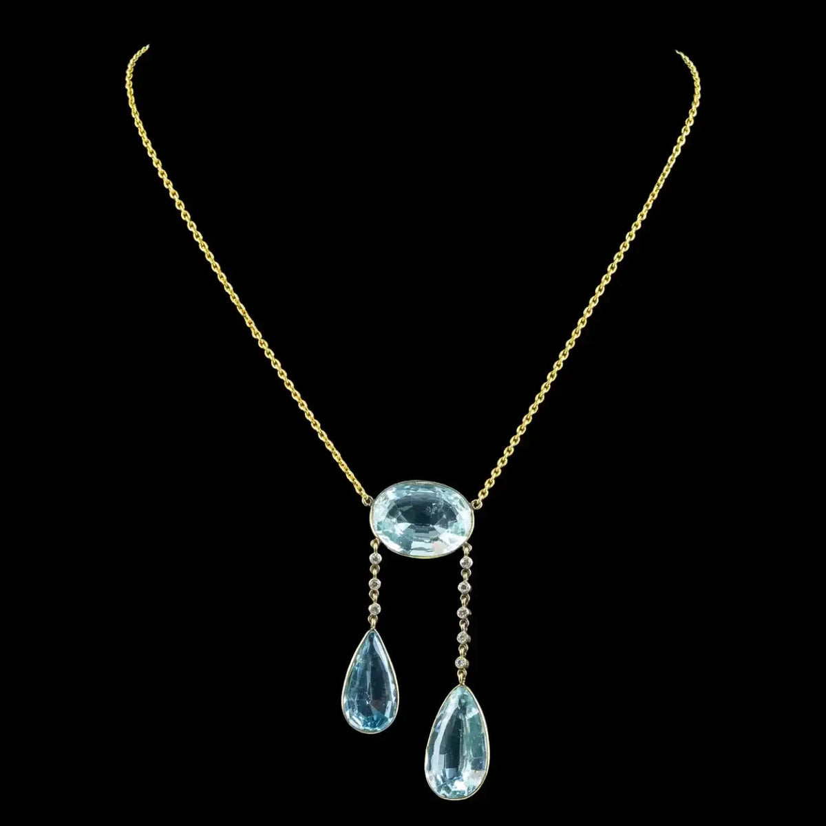 Antique Edwardian French Aquamarine Diamond Negligee Necklace 18ct Gold With Box