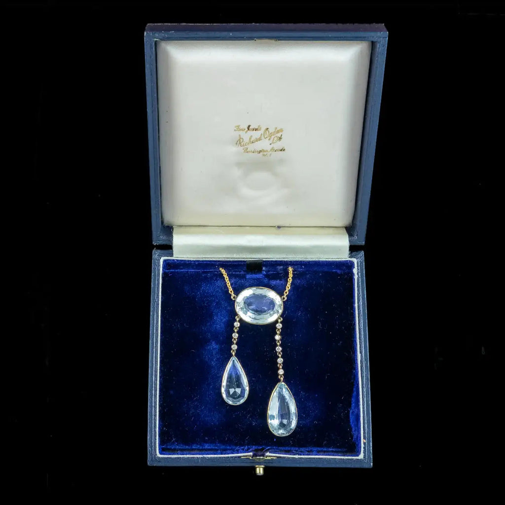 Antique Edwardian French Aquamarine Diamond Negligee Necklace 18ct Gold With Box