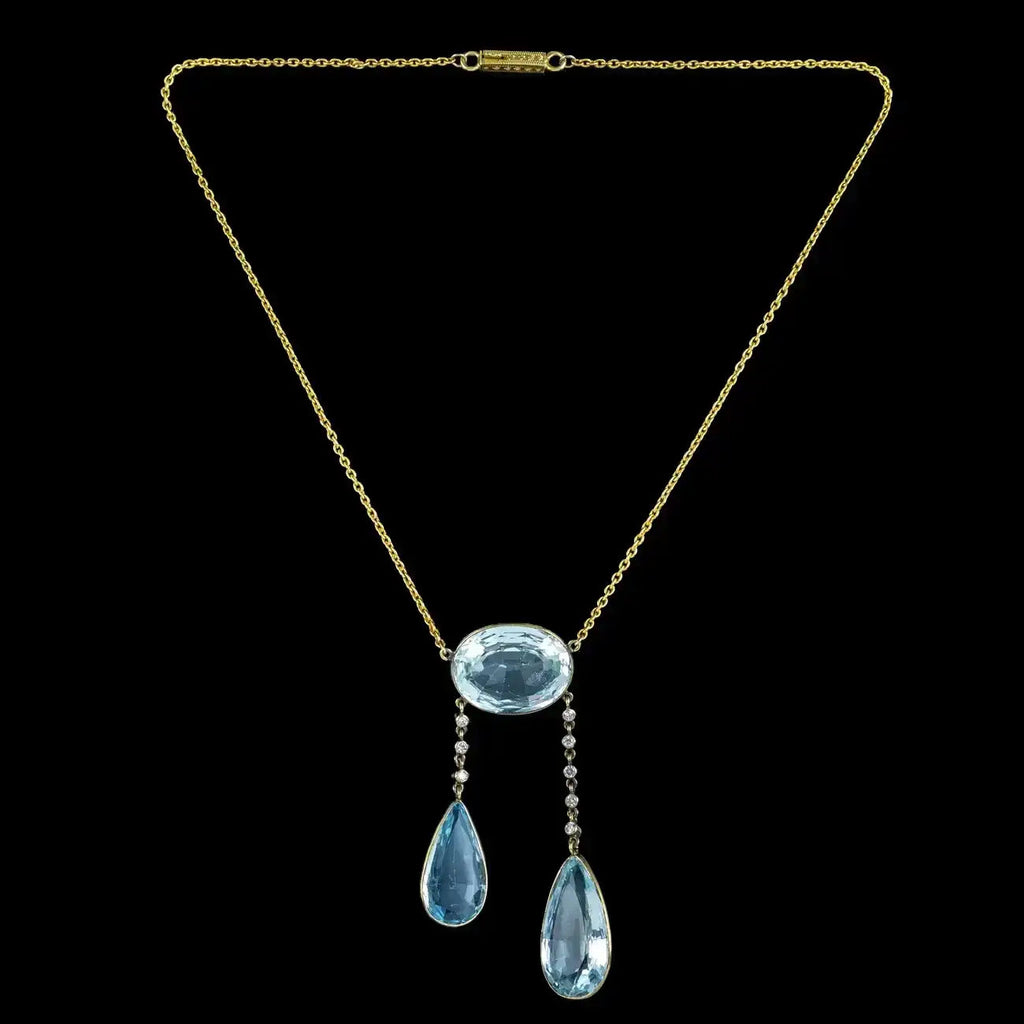 Antique Edwardian French Aquamarine Diamond Negligee Necklace 18ct Gold With Box