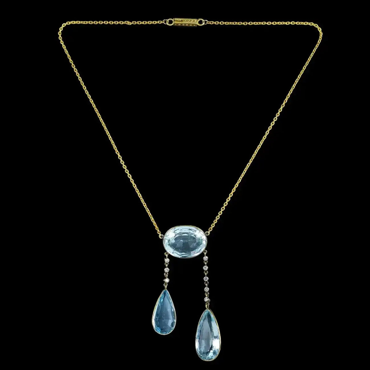 Antique Edwardian French Aquamarine Diamond Negligee Necklace 18ct Gold With Box