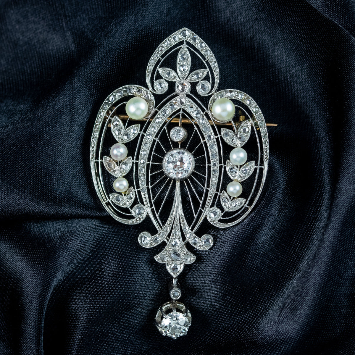 Antique Edwardian French Belle Epoque Diamond Pearl Brooch  Main image