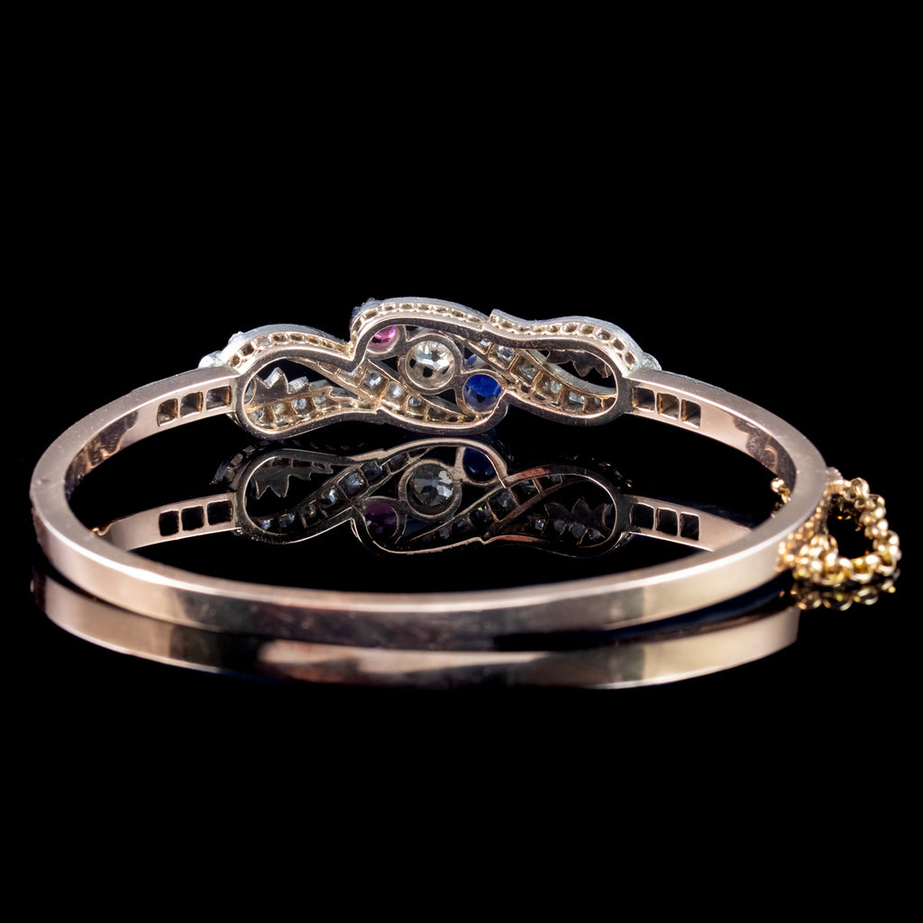 Antique Edwardian French Diamond Sapphire Ruby Bangle Platinum 18ct Gold 