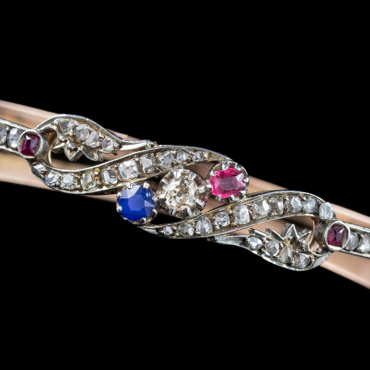 Antique Edwardian French Diamond Sapphire Ruby Bangle Platinum 18ct Gold 