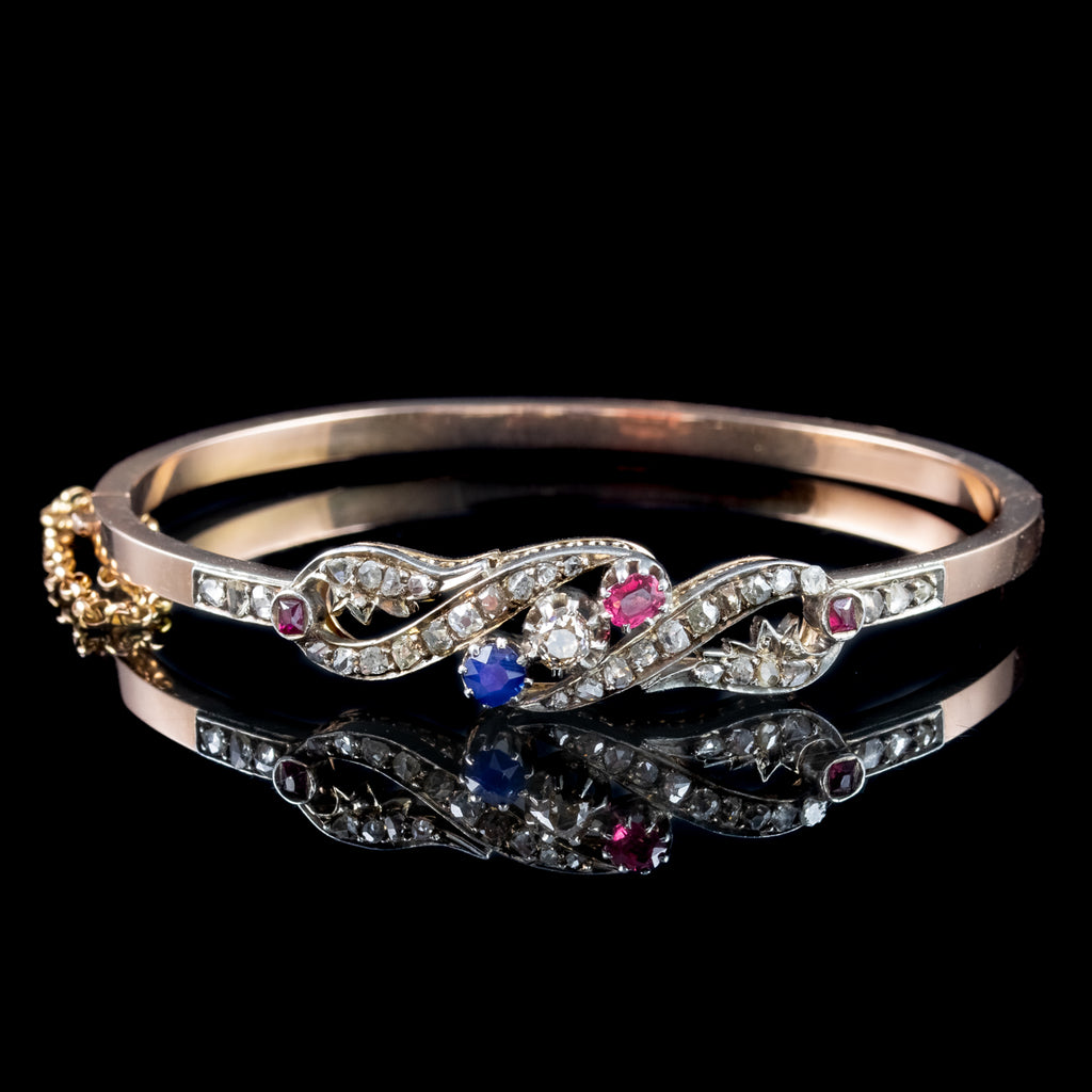 Antique Edwardian French Diamond Sapphire Ruby Bangle Platinum 18ct Gold 