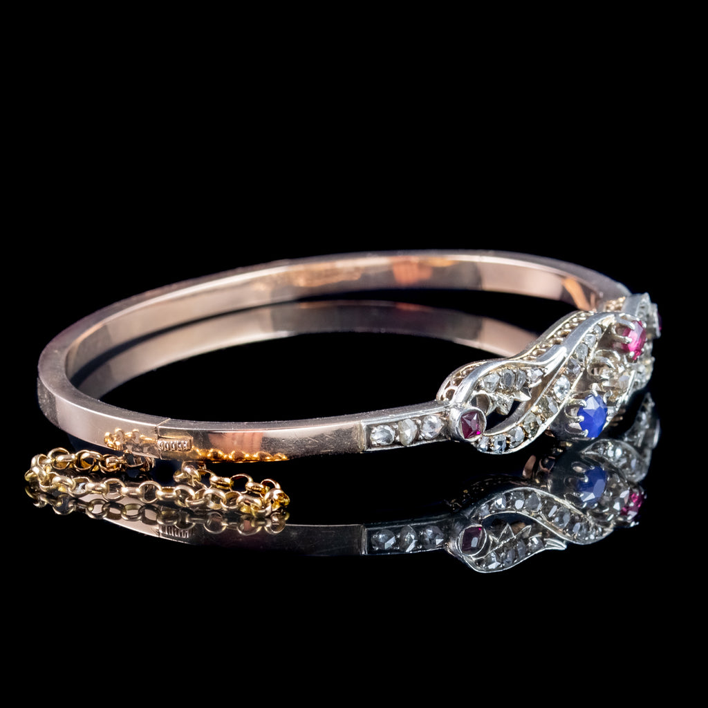 Antique Edwardian French Diamond Sapphire Ruby Bangle Platinum 18ct Gold 