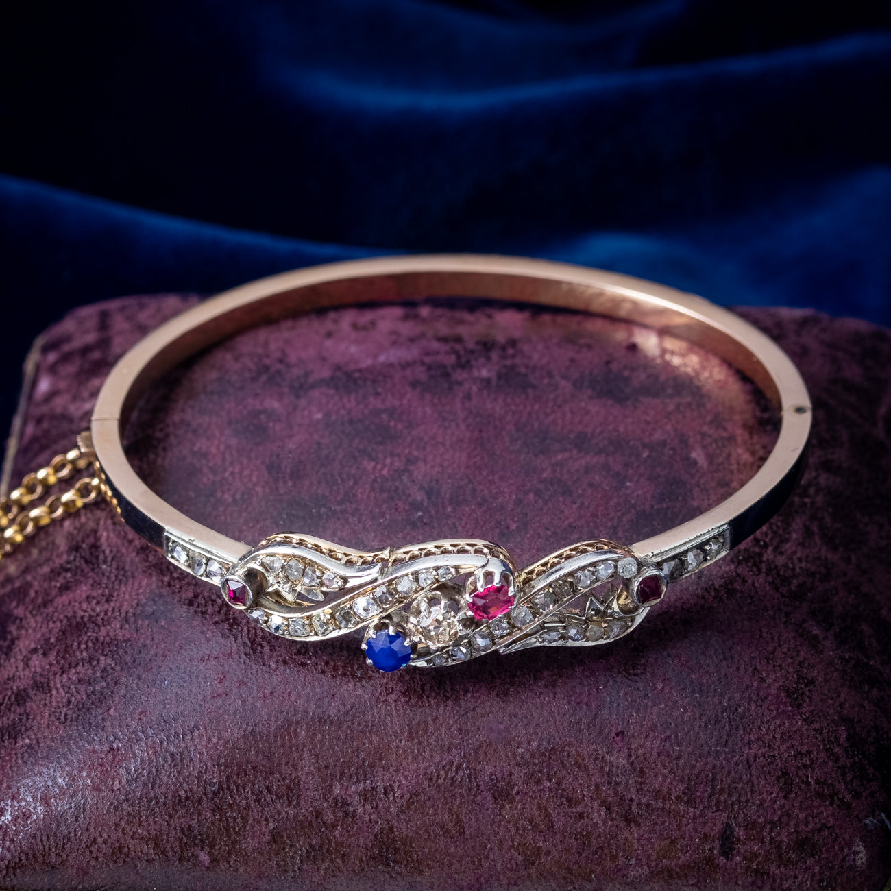 Antique Edwardian French Diamond Sapphire Ruby Bangle Platinum 18ct Gold Secondary image