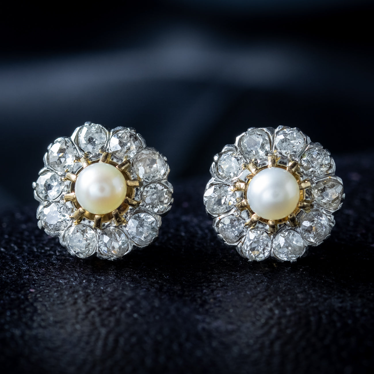 Antique Edwardian French Pearl Diamond Flower Stud Earrings 2ct Of Diamond Secondary image