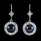 Antique Edwardian Garnet Diamond Daisy Drop Earrings 15ct Gold 