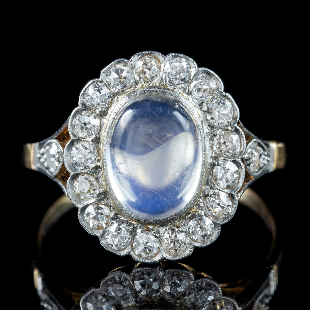 Antique Edwardian Moonstone Diamond Cluster Ring 1.45ct Moonstone